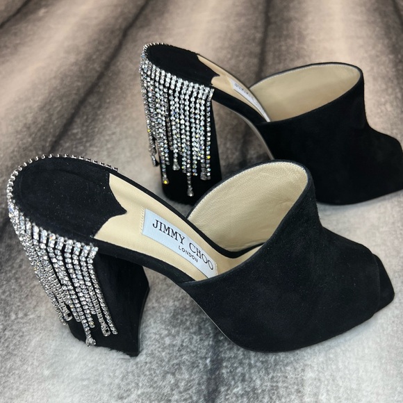 Jimmy Choo Baia 100 mm Black Suede Crystal Drape Mule Heels - Picture 2 of 12